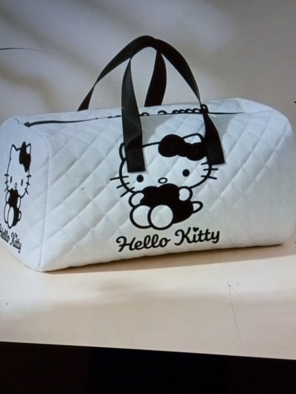 Hello Kitty White Quilted Travel Duffle with Black Graphic